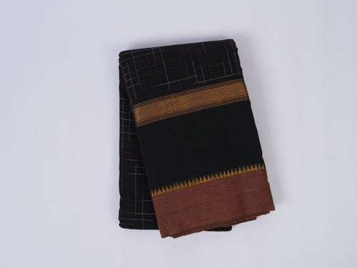 black Narayanpet cotton saree with unique grid pattern