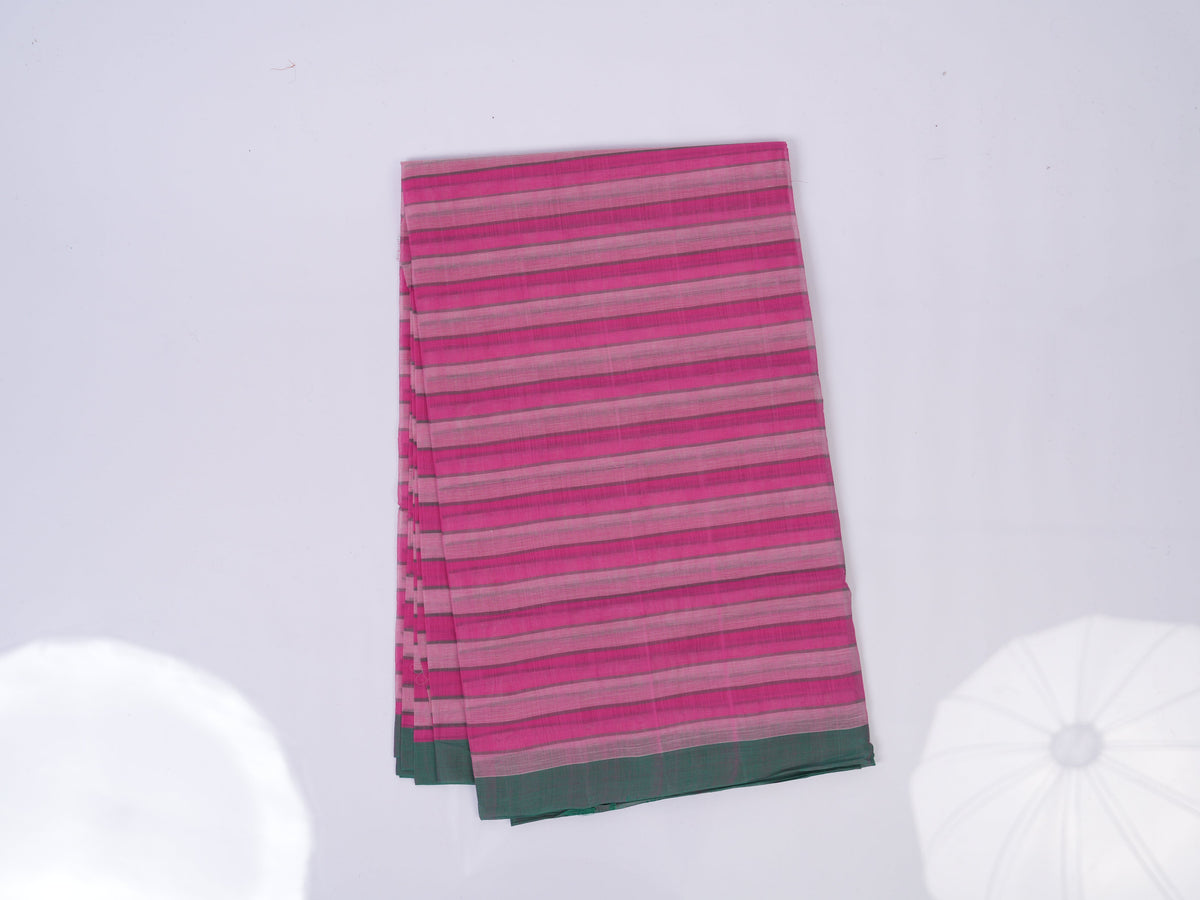 pink, white & green horizontal stripes Bobbili cotton saree
