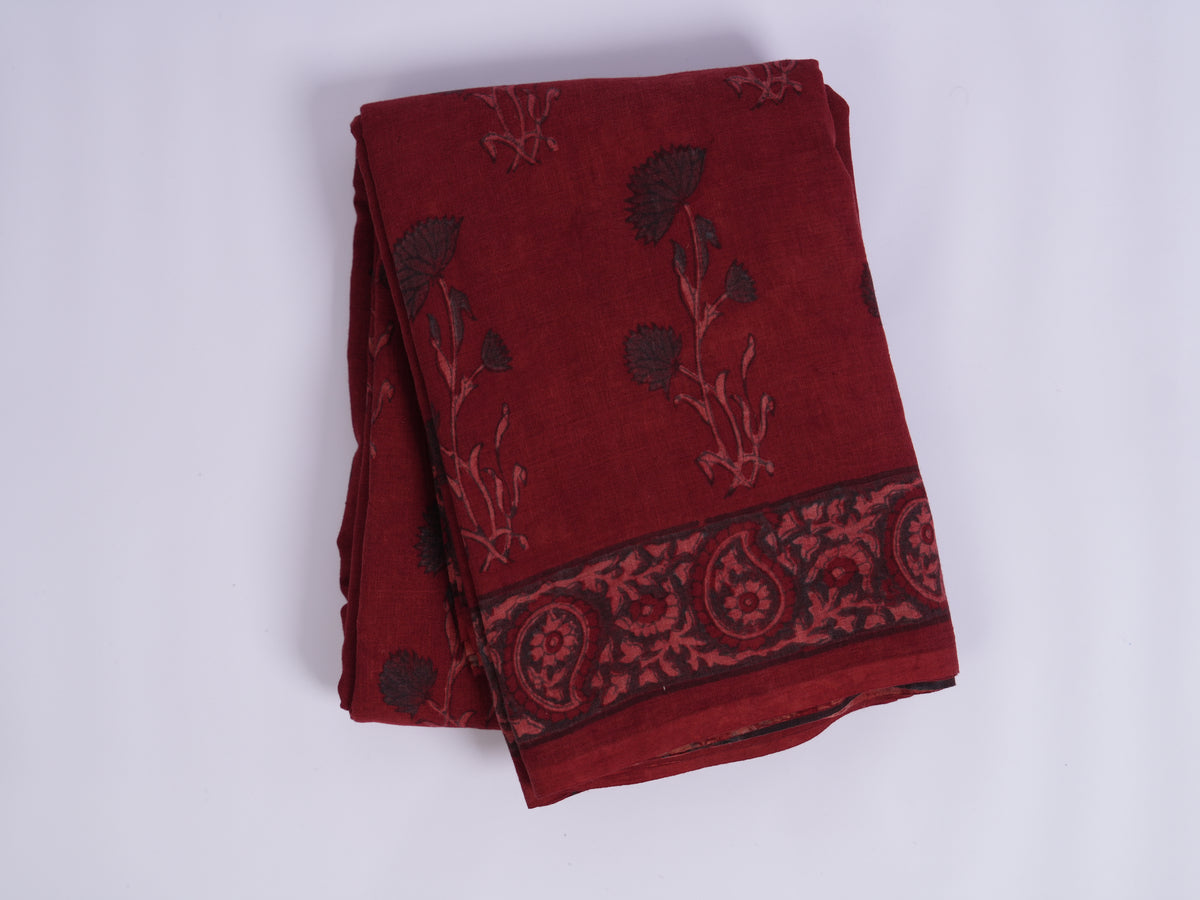 Ajrakh Cotton Saree — Geometric Motifs, Kutch