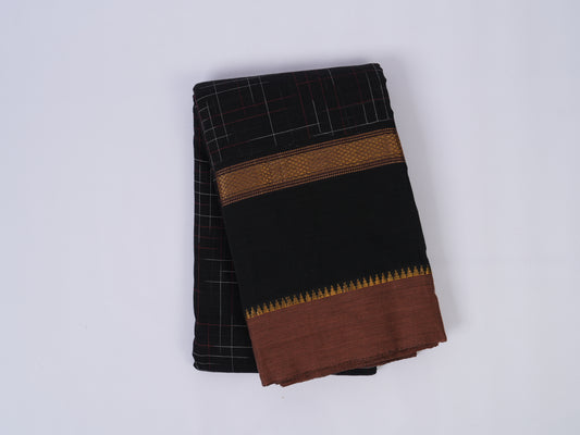 black Narayanpet cotton saree with unique grid pattern
