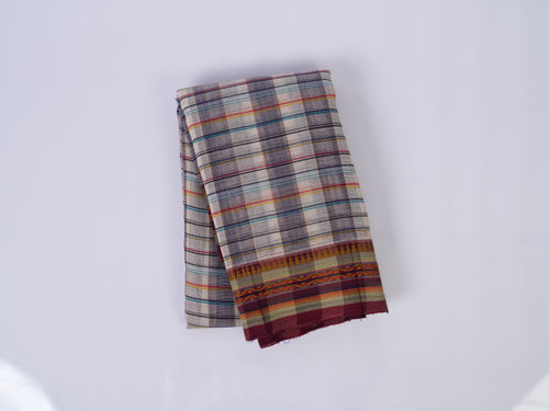 white and purple Narayanpet cotton saree with multicolor horizontal stripes